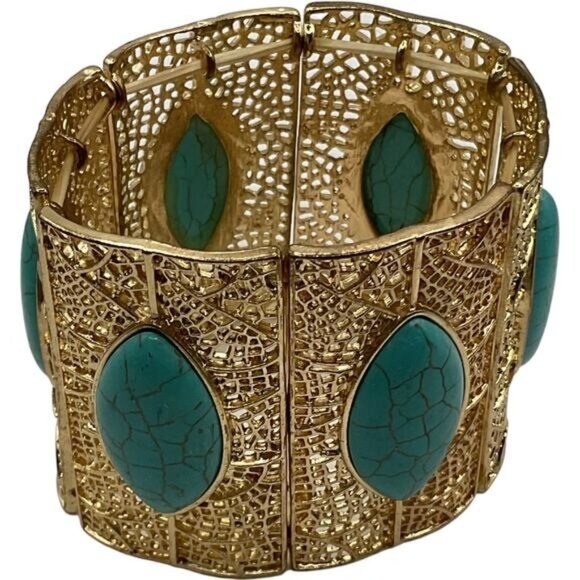 Gold-Tone Chunky Cuff Bracelet With Turquoise Stones - Picture 4 of 4